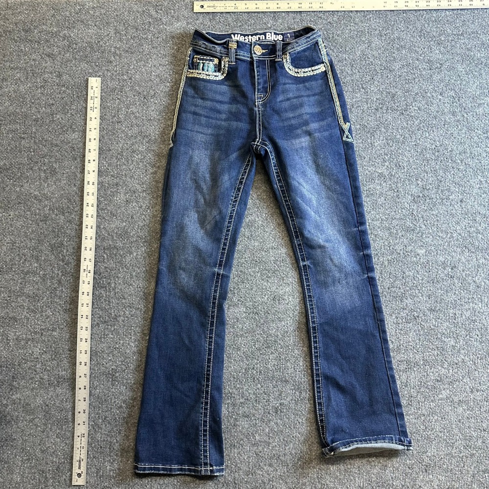 Western Blue Jeans Girls Size 1 Blue Bootcut Embroidered Sequin Pocket Denim